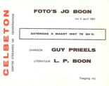 Uitnodiging voor de tentoonstelling van fotograaf JO BOON in het legendarische Celbeton, opgeluisterd met chansons van GUY PRIEELS  en teksten voorgelezen door LOUIS PAUL BOON.